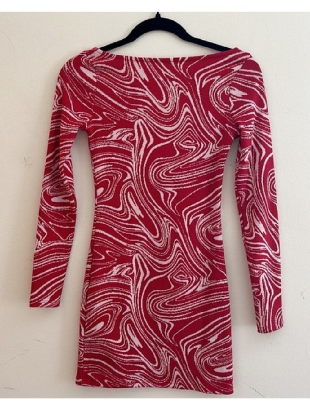 ZARA Jacquard Red Swirl Mini Dress Knit Long Sleeve Medium Sweetheart Bodycon - Picture 3 of 7